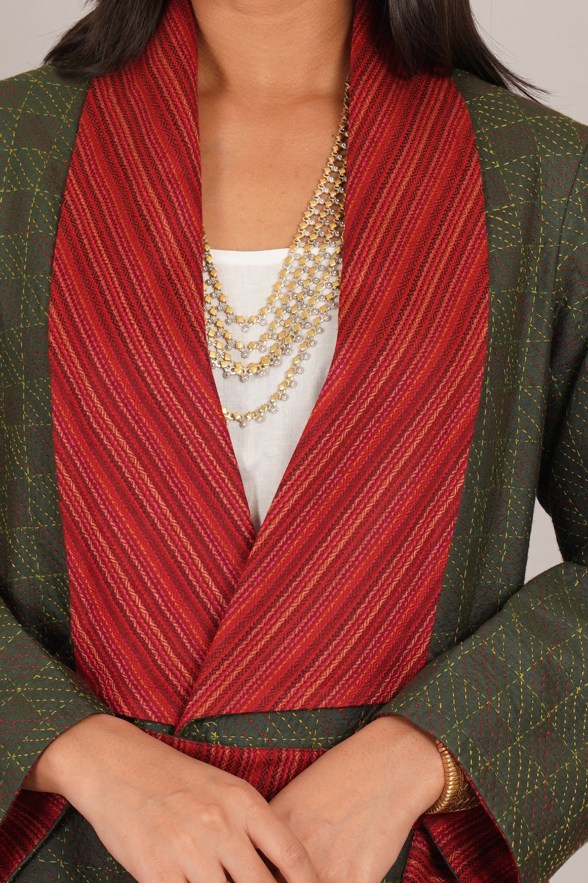 Green Kantha Red Woollen Short Jacket