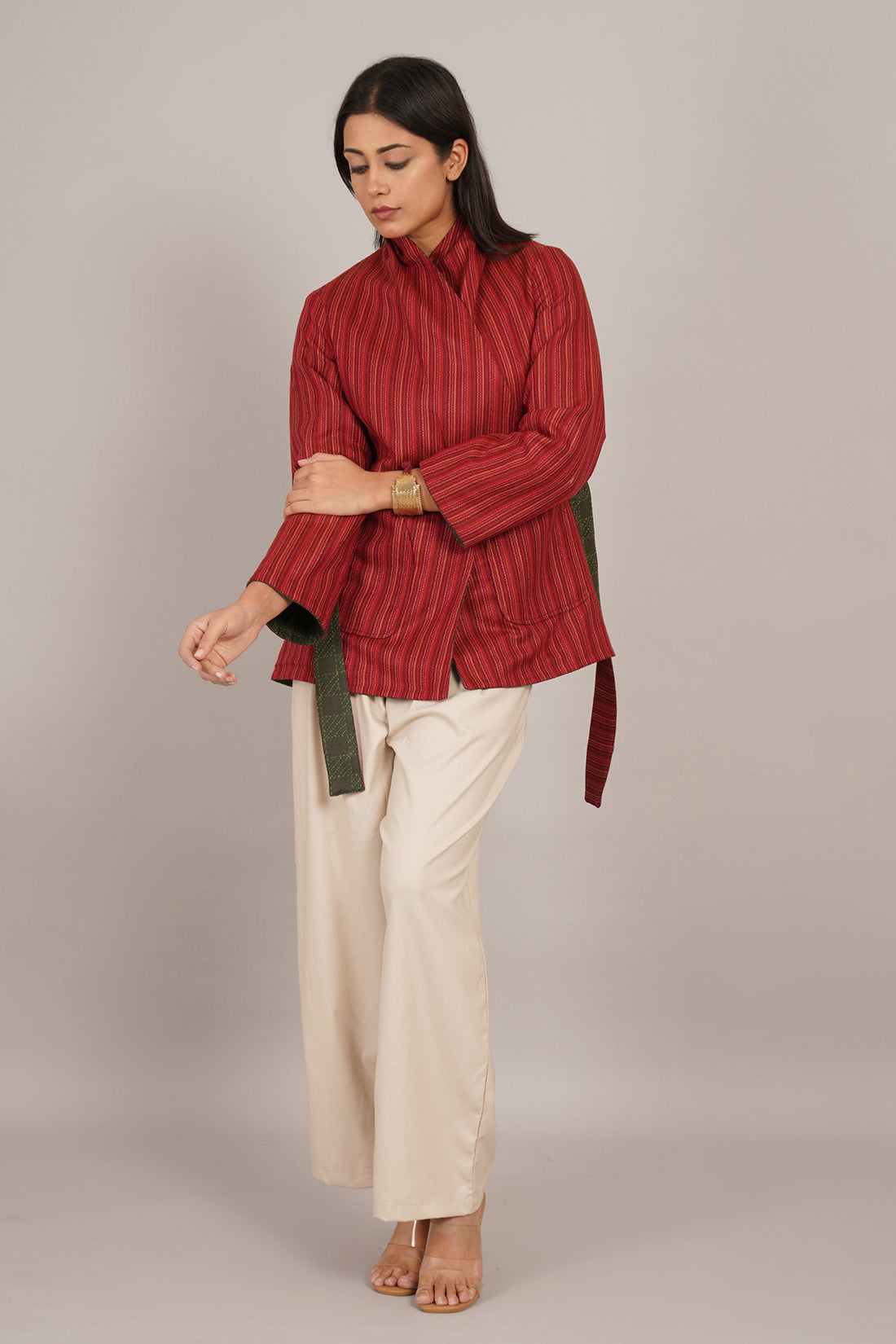 Green Kantha Red Woollen Short Jacket