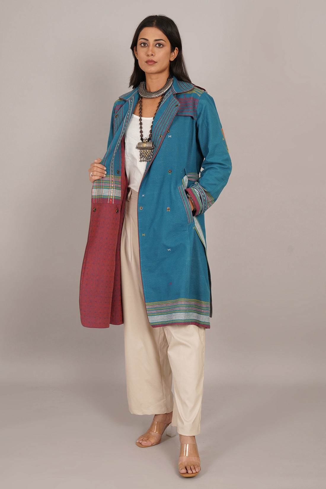 Navy Blue Bhujodi Ikat Cotton Trench Jacket