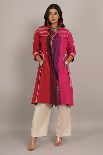 Red Pink Bhujudi Ikat Cotton Trench Jacket