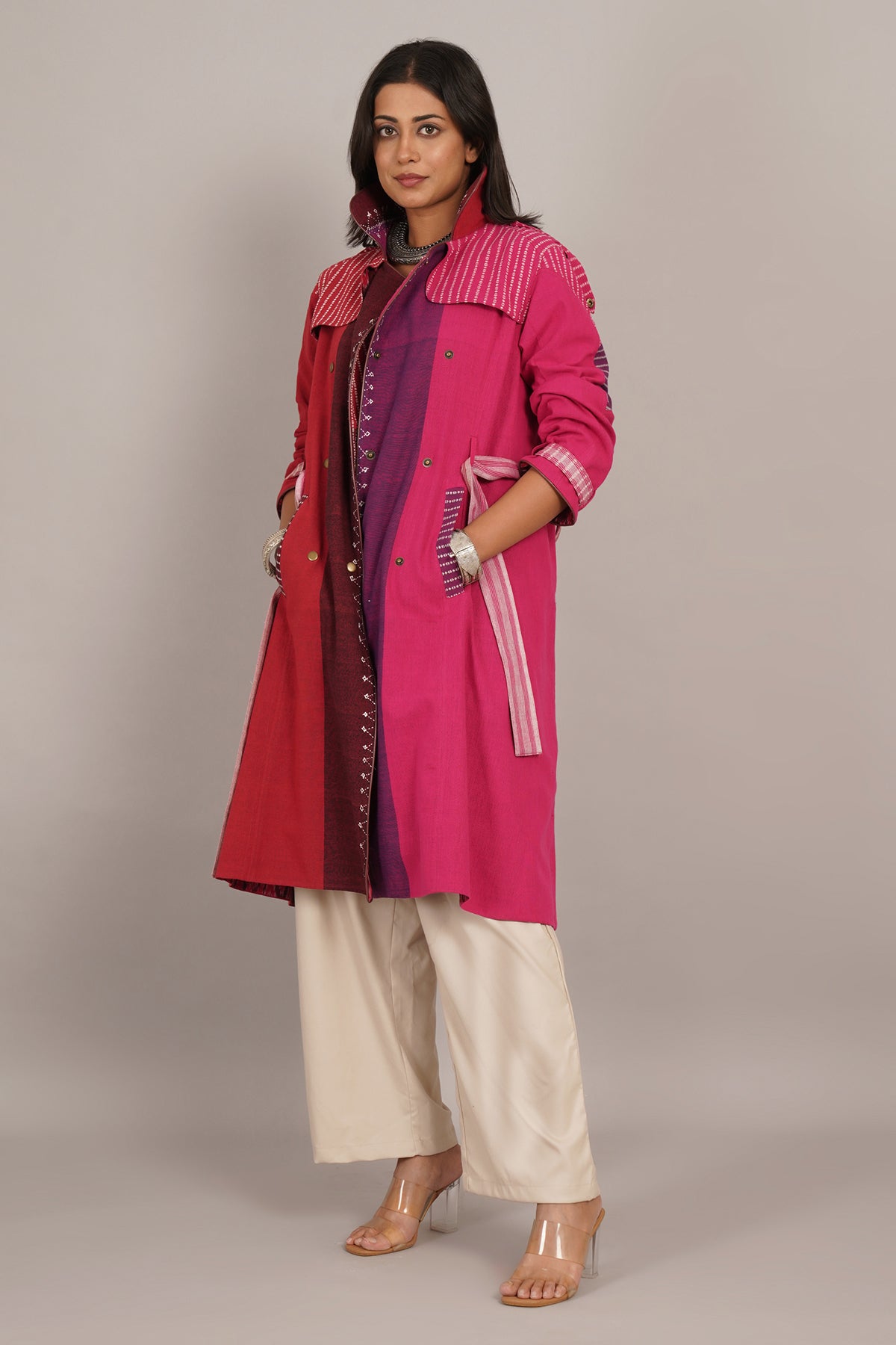 Red Pink Bhujudi Ikat Cotton Trench Jacket
