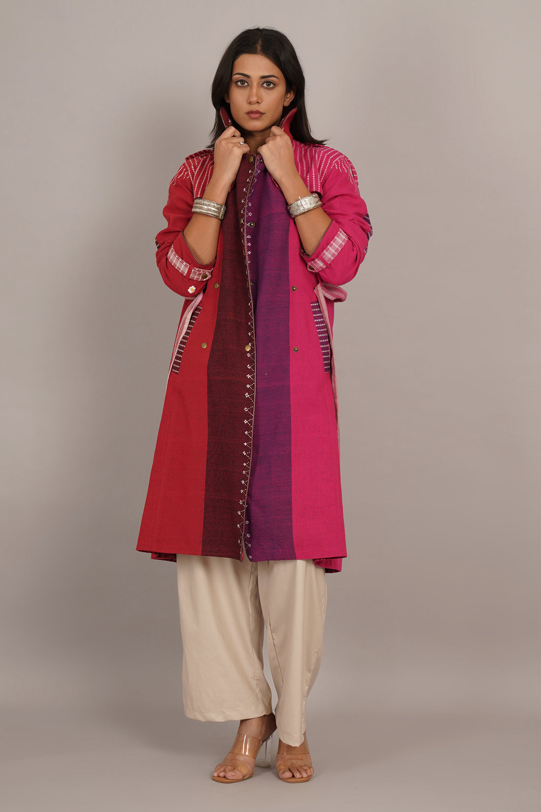 Red Pink Bhujudi Ikat Cotton Trench Jacket