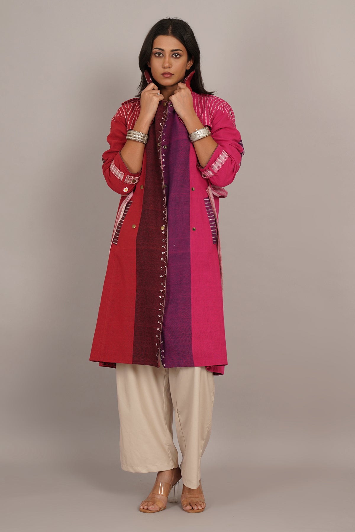 Red Pink Bhujudi Ikat Cotton Trench Jacket