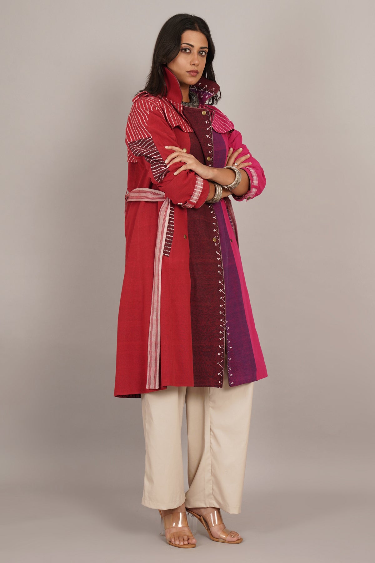 Red Pink Bhujudi Ikat Cotton Trench Jacket