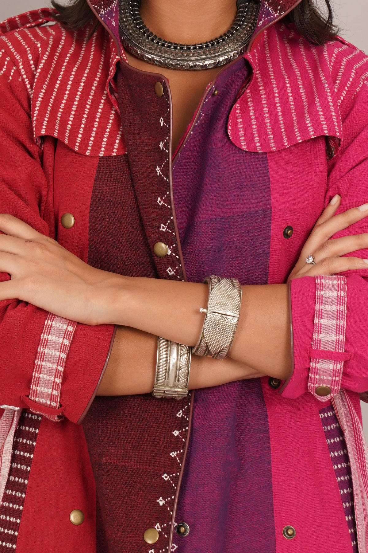 Red Pink Bhujudi Ikat Cotton Trench Jacket