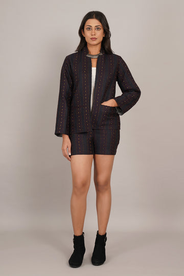 Black Kantha Ikat Cotton Short Jacket