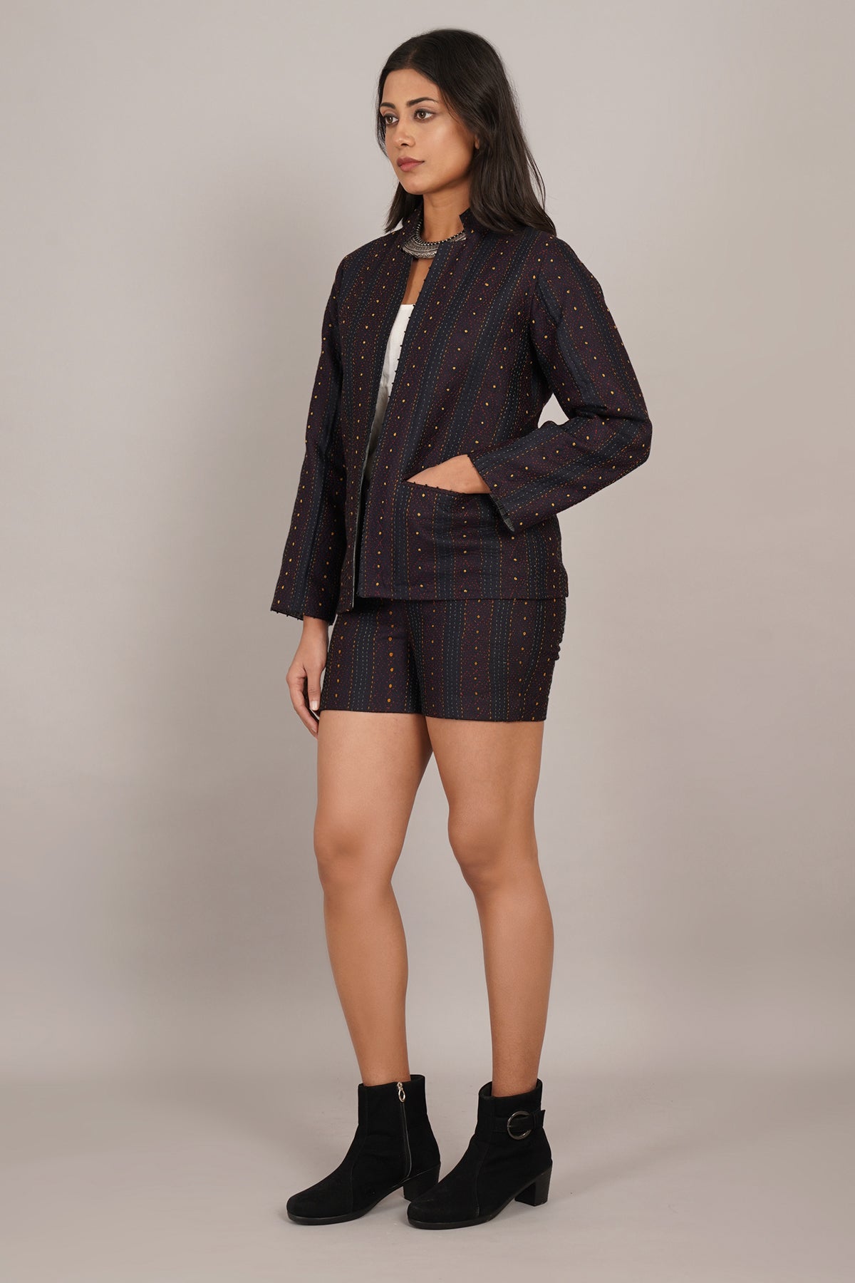 Black Kantha Ikat Cotton Short Jacket