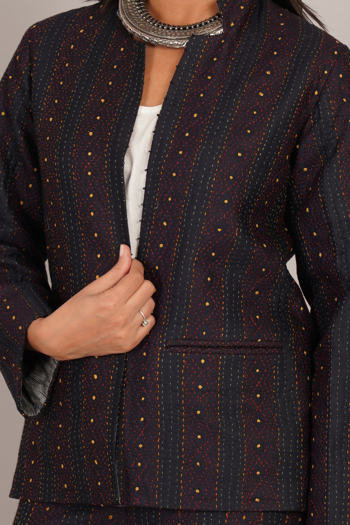 Black Kantha Ikat Cotton Short Jacket