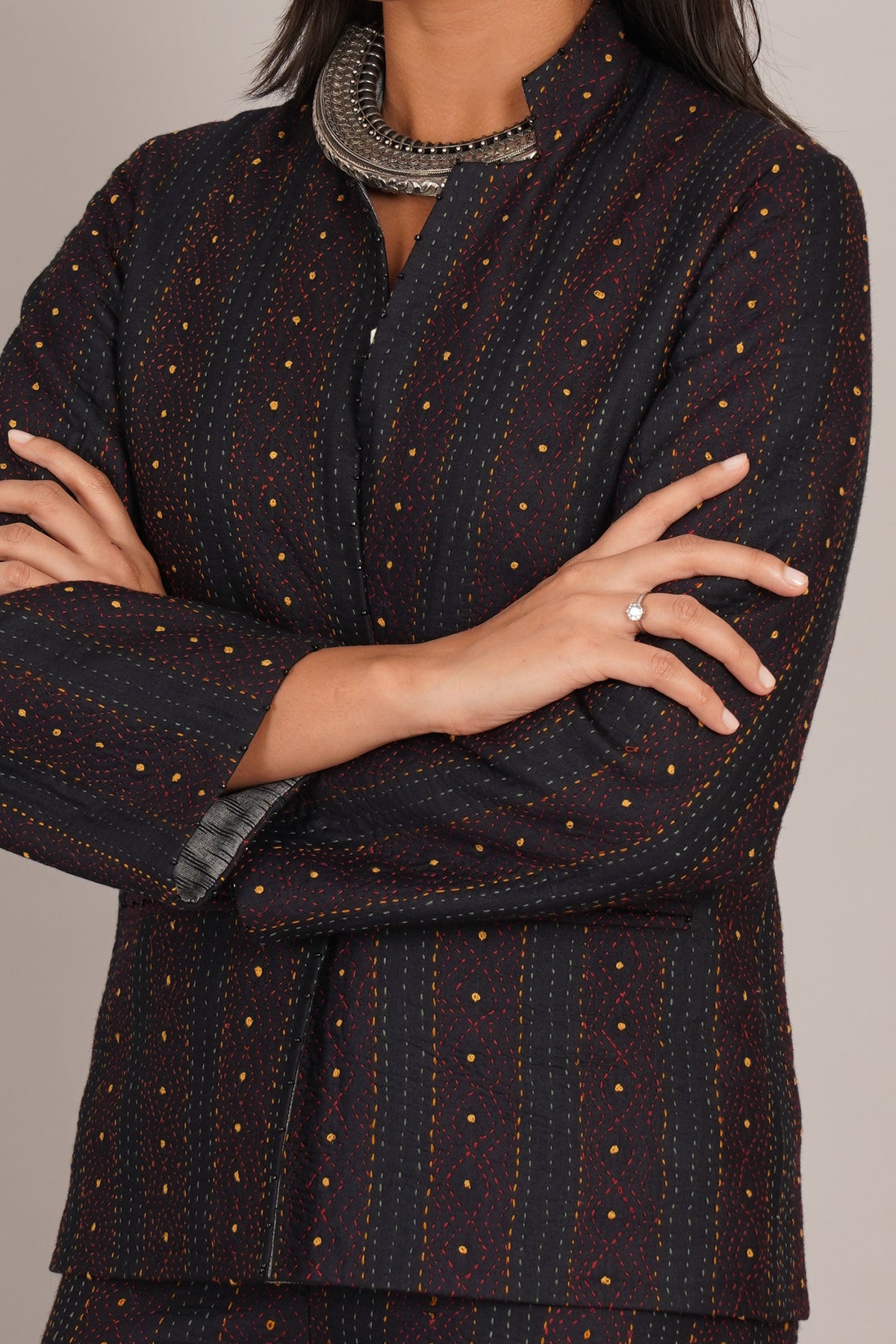 Black Kantha Ikat Cotton Short Jacket