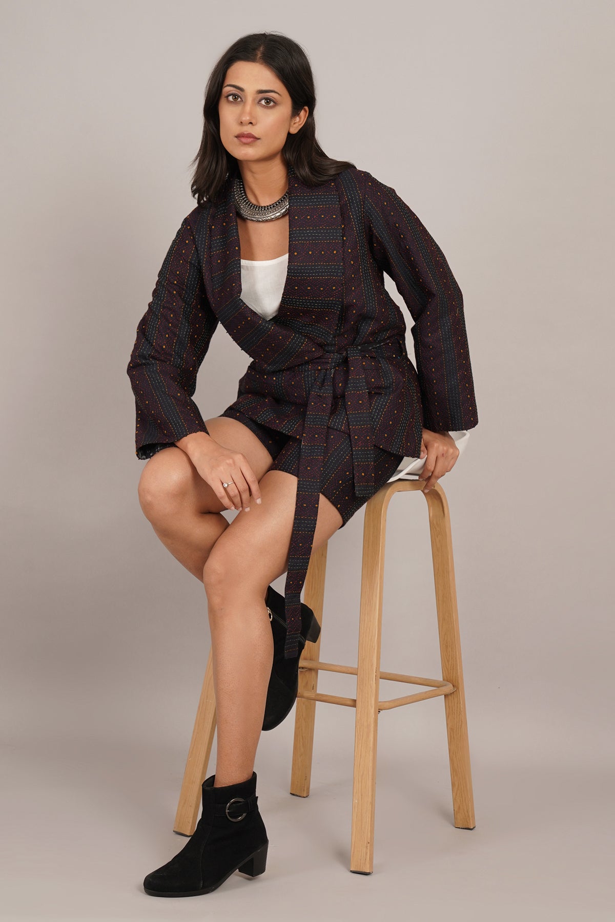 Black Kantha Ikat Cotton Short Jacket