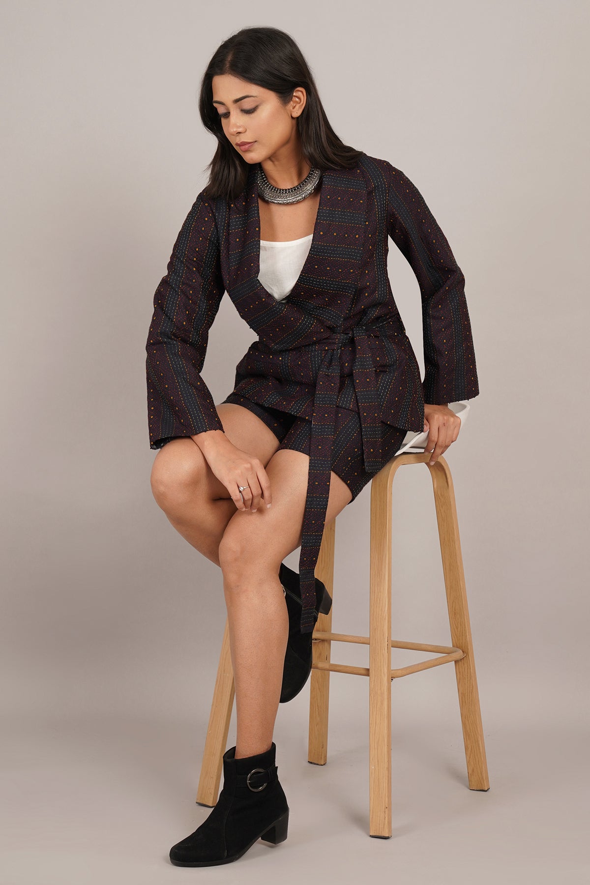 Black Kantha Ikat Cotton Short Jacket