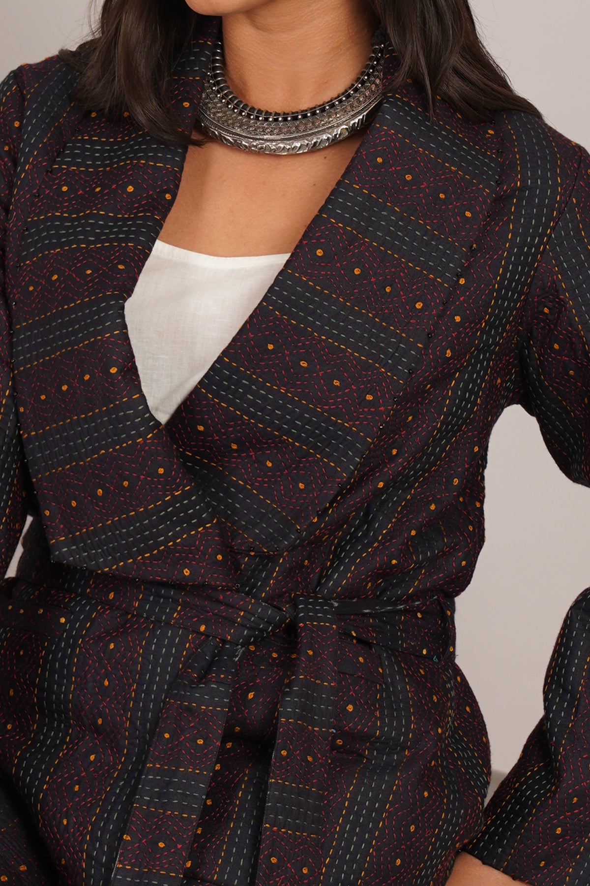Black Kantha Ikat Cotton Short Jacket
